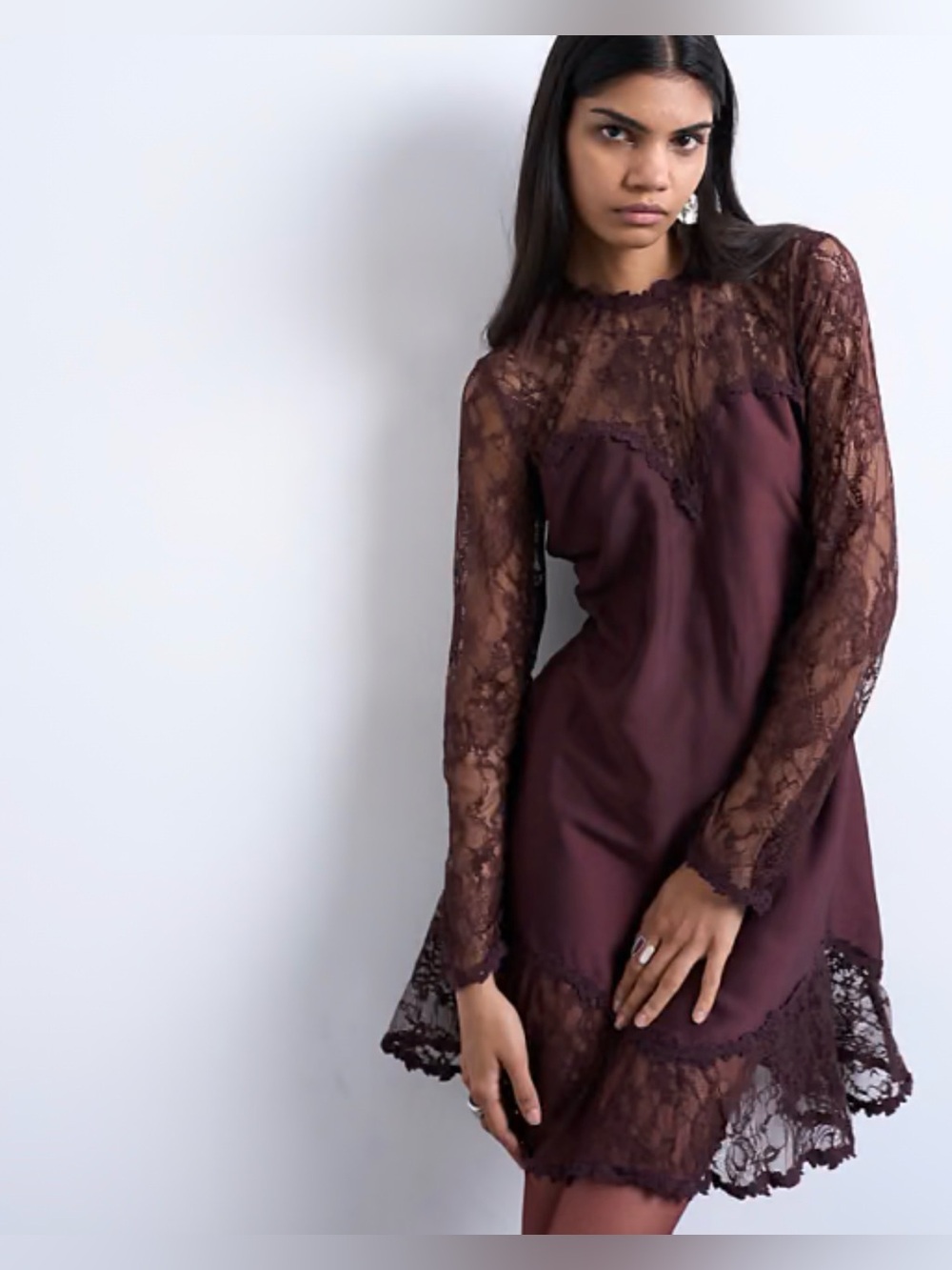 Topshop Plum Lace Long Sleeve Mini Dress
